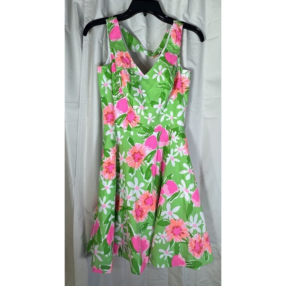 Lilly Pulitzer Dress Sz 0 Mini Green Pink Floral Fit & Flare A Line Circle Freja - Picture 1 of 4